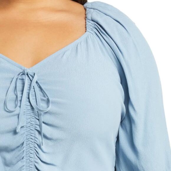 Open Edit Tie Front Puff Sleeve Blouse - Blue Chambray Size 2X - Picture 5 of 9